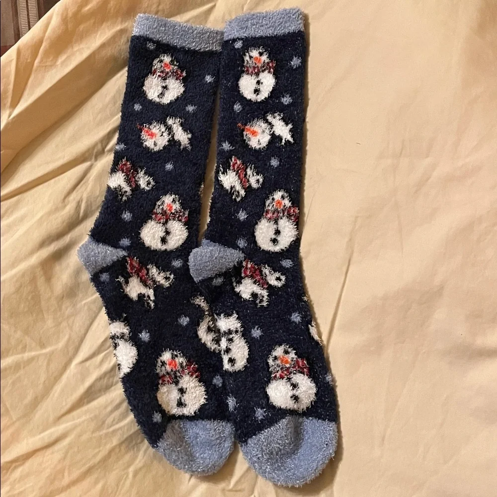 NEW Snowman print thick warm fleecy winter cozy mid calf socks WASHED BUT UNWORN